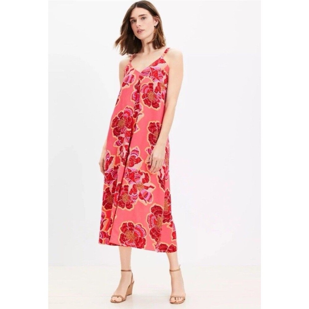 NWT LOFT Linen Blend Floral Midi Slip Dress Pink Sleeveless Strappy Women’s 14